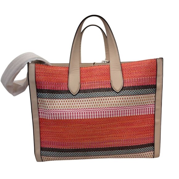 NWOT Kate Spade New York Market Stripe Tote Bag Woven Canvas & Leather Handles B - Picture 2 of 11